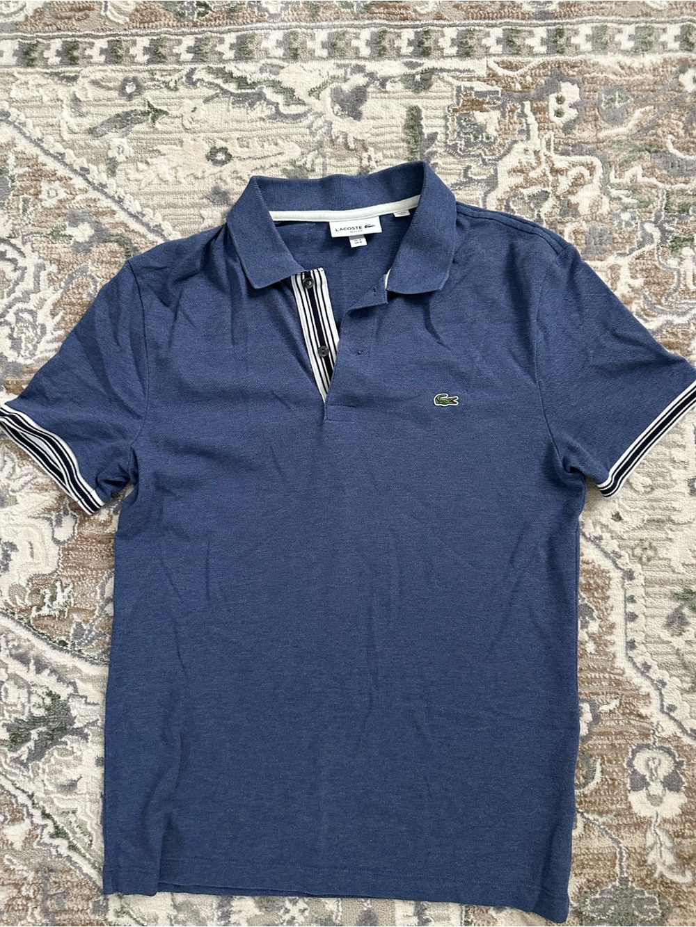 Lacoste Men's Blue Short-Sleeve Polo with Striped Trim